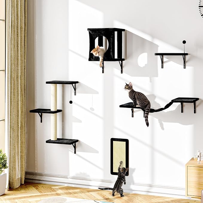10 Pcs Cat Wall Shelves Set, Wall-Mounted Climber with Cat House, Scratching Post, Bridge, Hammock, Space-Saving Play Furniture, Black