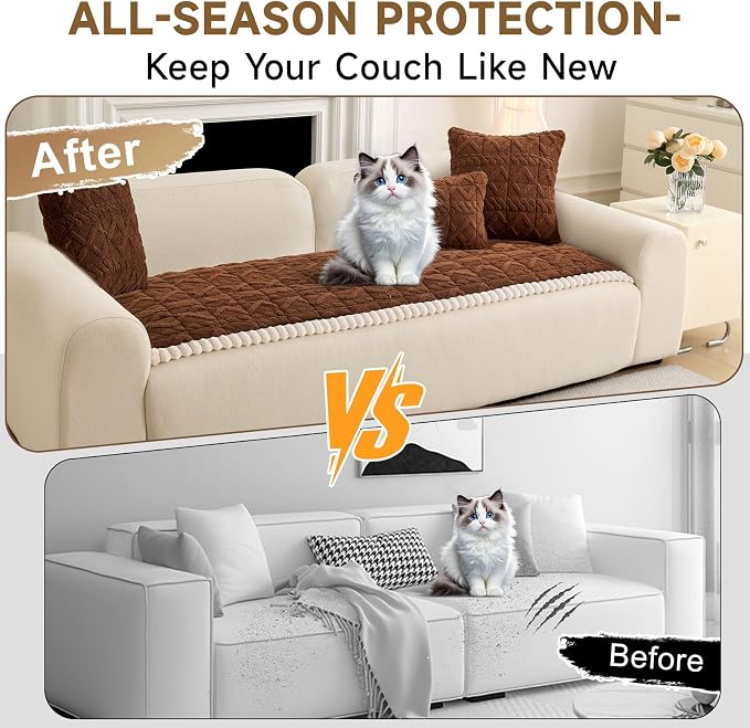 OTOB All Season Couch Cover for Dogs Washable, Geometric Jacquard Non Slip Soft Fuzzy Pet Couch Covers for 3 Cushion Couch, Cozy Plush Sofa Slipcovers Protector Dog Mat (Dark Coffee, 27.6" x 82.7")