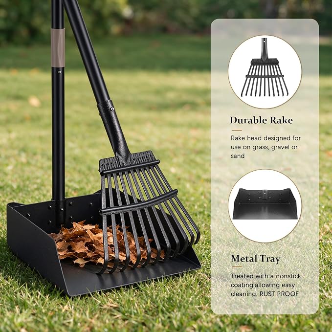 Pooper Scooper for Large Dogs, Metal Poop Scooper with Rake,Tray for Yard | Extra Large Pan, Long Handle, No Bending, Heavy Duty Stainless Steel, Rust Proof, Perfect for Seniors Pet Owner Multiple Dog