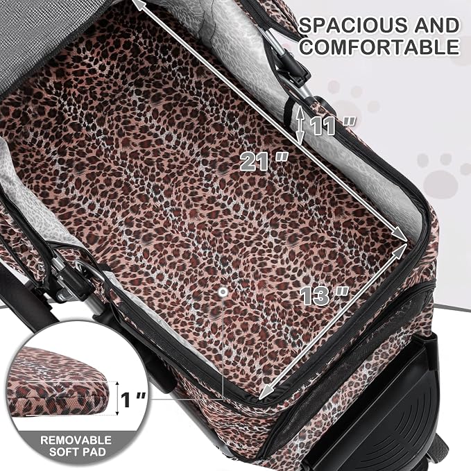 MoNiBloom 3 Wheels Pet Dog Cat Stroller for Small Medium Dogs Cats, Lightweight Foldable Jogger Stroller w/Storage Basket & Cup Holder, Leopard Print