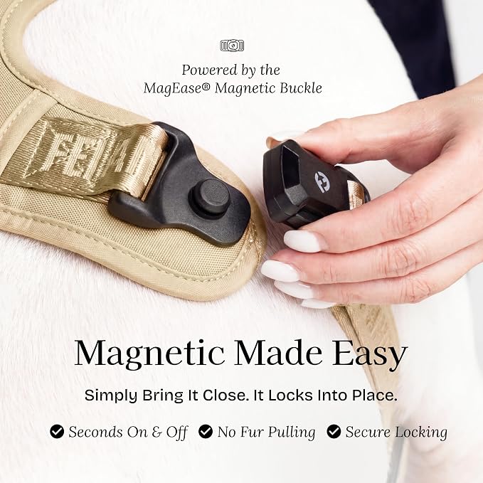 Fei & Eve Classic Dog Harness, MagEase Magnetic Buckle | 3-Point No-Pull Control, Dual Handle Support, 900D Nylon, Tactical Patch Panel, Heavy Duty, Small, Champagne
