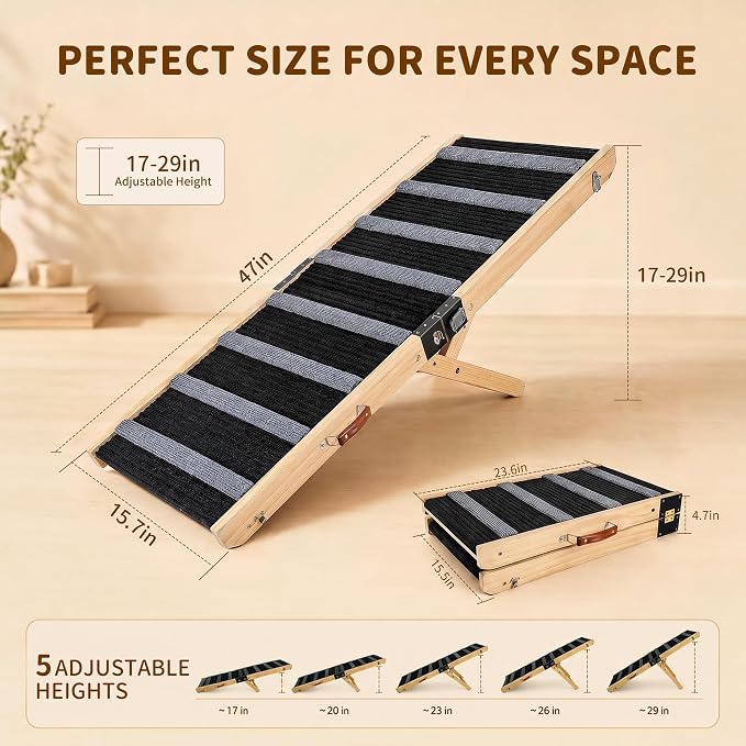 MTERSN Foldable Dog Ramp for Bed, Couch, SUV, Support Up to 200lbs, Gray | 47" x 15.7" x 28", 5 Adjustable Height from 17'' to 29'', Non-Slip, Butt Hinge for High load, Suitable Dogs of Various Sizes
