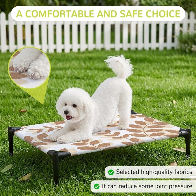 Outdoor Elevated Dog Bed for Medium Dogs, Brown Leaves Breathable Cooling Raised Dog Cot for Indoor/Outdoor, Summer Farmhouse Botanical Leaf Branch Waterproof Elevated Pet Beds, M 24 x 20 in