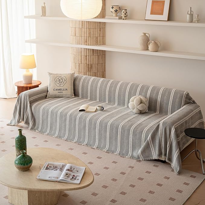 VClife Chenille Sofa Cover Bohemian Striped Pattern Couch Cover for 3 Cushion Sofa - Gray Creamy White Textured Sofa Slipcover Washable Furniture Protector for Couch Decorative Couch Cushion Cover