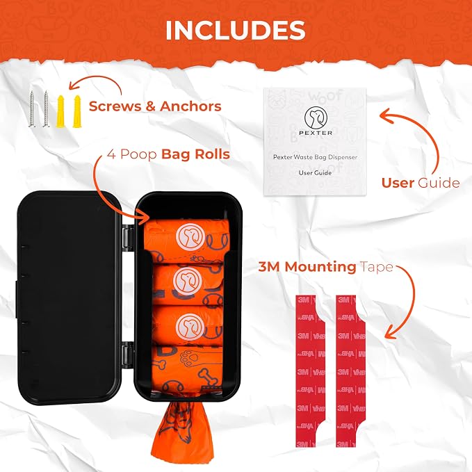 Pexter Dog Poop Bag Dispenser - Outdoor or Indoor Pet Waste Bag Dispenser Station - Stick-On or Screw-On Wall Mount - Poop Bags Storage Outdoor Container - Includes 4 Doggie Bag Rolls (Black)