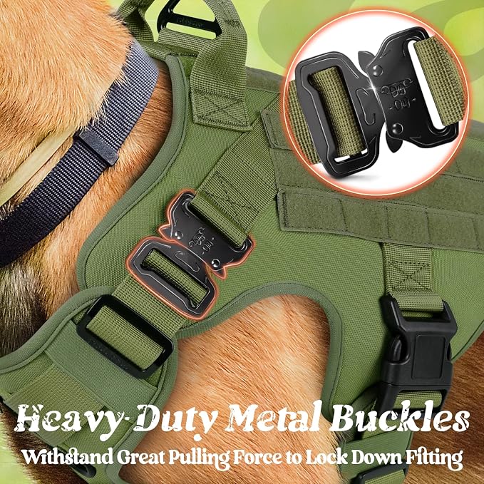 rabbitgoo Tactical Dog Harness for Medium, Heavy Duty Military No Pull Vest | Sturdy Metal Buckles, 5 Adjustments, Molle System, Powerful Pullers for Training, Hunting, Outdoor, Green, Medium