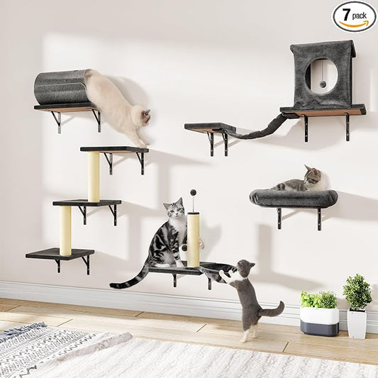 Cat Wall Shelves, 7-in-1 Wall Mounted Cat Climber Set, Indoor Cat Furniture – Includes House, Tunnel, Bridge, Steps, Scratcher, Hammock, Shelves, Dark Gray