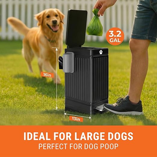 Pupzle Dog Poop Trash Can Outside, 3.2 Gal Outdoor Dog Poop Trash Can | Metal, Waste Container with Pedal, Garbage Poop Bin, Poo Bucket Outdoor with Lid for Backyard Odor Control, 30 Bags