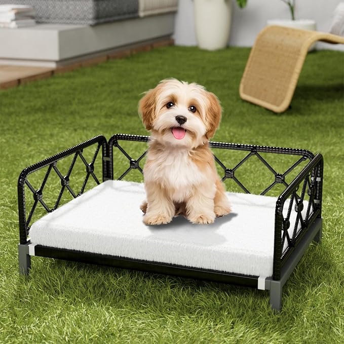 Indoor & Outdoor Dog Bed, Elevated All-Weather Wicker Pet Sofa with Washable Waterproof Cushion, Durable Rattan Dog Couch for Small Dogs, Black Rattan/White Mat
