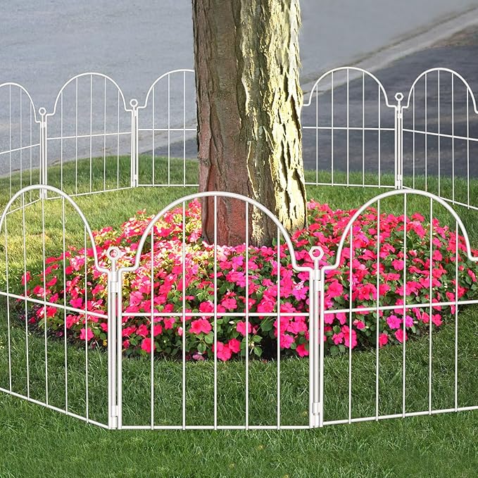 10 Pack Decorative Garden Fence, 17in x10ft Garden Fencing Animal Barrier for Dogs, Rustproof Metal Fence Panels with Ground Stake, Arched Flower Bed Edging Borders for Yard & Patio, White