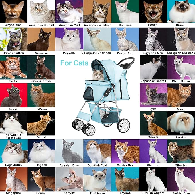 Pet Stroller for Small Dogs and CatsQuick-Folding Portable Travel Cat Dog Stroller with Storage Basket and Cup Holder, 4 Wheels, Light Blue