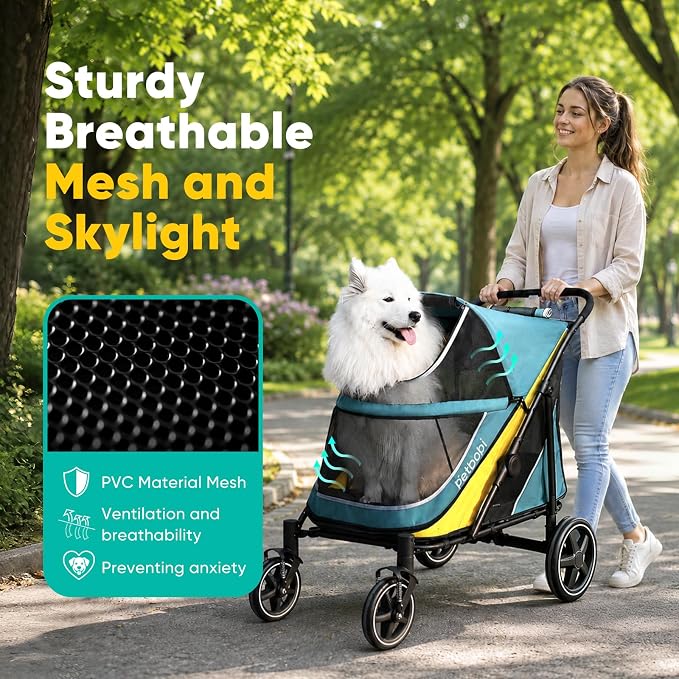 Petbobi Dog Stroller for Large & Medium Dogs - Easy Fold Dual Entry Pet Stroller with One-Foot Brake, All Terrain Wagon Cart with Air Mesh, Ideal for Large Senior Pets up to 80 lbs, Green