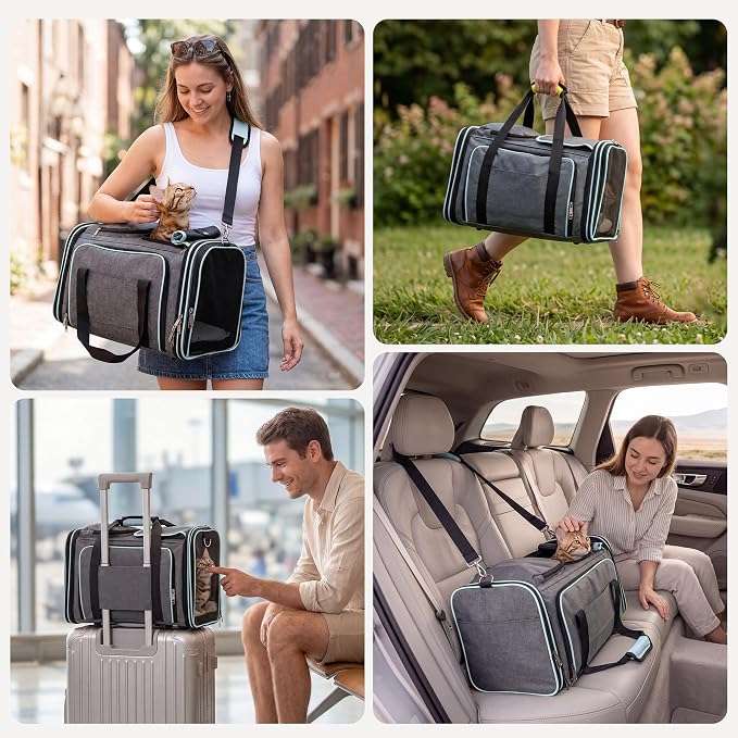 Expandable Cat Carrier for Cats and Small Dogs, Airline Approved Under-Seat with Double-Side Extension, Durable 600D Fabric Internal Frame, Ventilated with Safety Leash, Blue