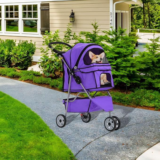 Pet Stroller for Small Medium Dogs & Cats,3-Wheel Breathable Compact Foldable Dog Carrier with Storage Basket, Outdoor Portable Lightweight Travel Stroller for Camping,Purple