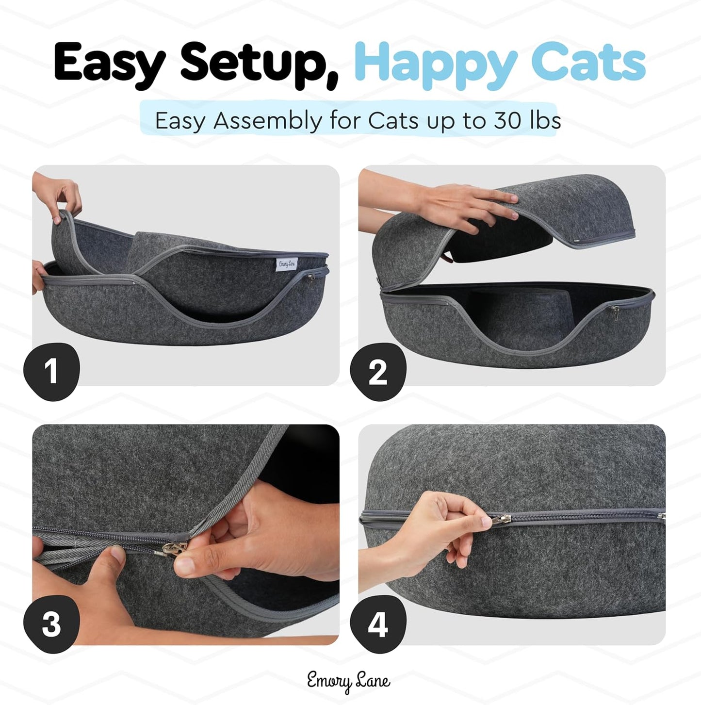 Emory Lane - Premium Cat Cave, Multifunctional Donut Tunnel Bed, Round Felt Cave with Zipper, for Pets up to 40 Lbs (24x24x11 Inch) (Dark Gray)