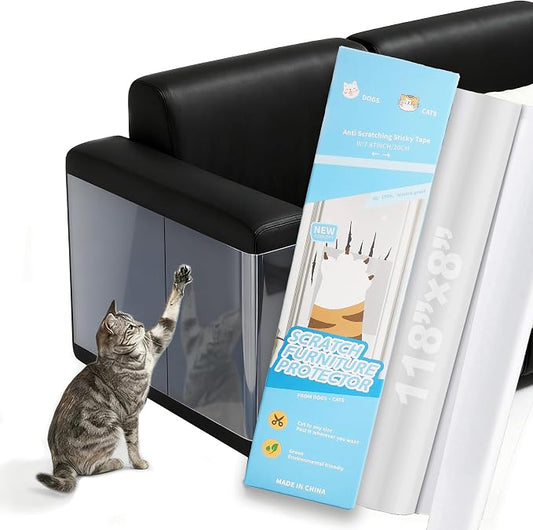 Anti Cat Scratch Furniture Protector Tape Damage-Free Couch Guard, 118"x8" | clear,strong adhesive,flexible,easy to apply,easy to remove,pins-free,residue-free,long-term use,massive coverage,non-toxic