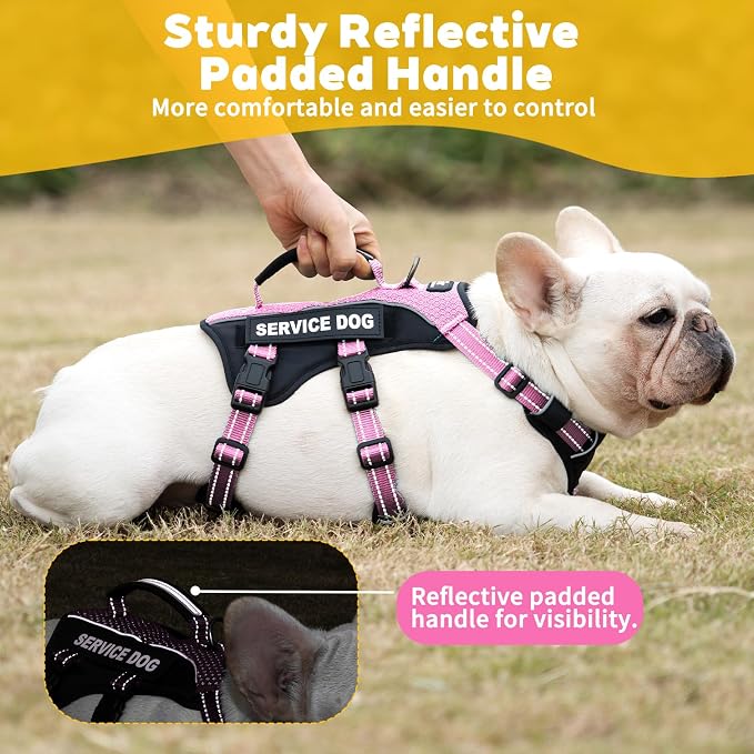 Service Dog Vest Harness, Escape Proof Harness with 6 Patches, No-Pull, Reflective Harness with Handle, Adjustable for Small to Large Dogs, for Training and Hiking (Pink, S)