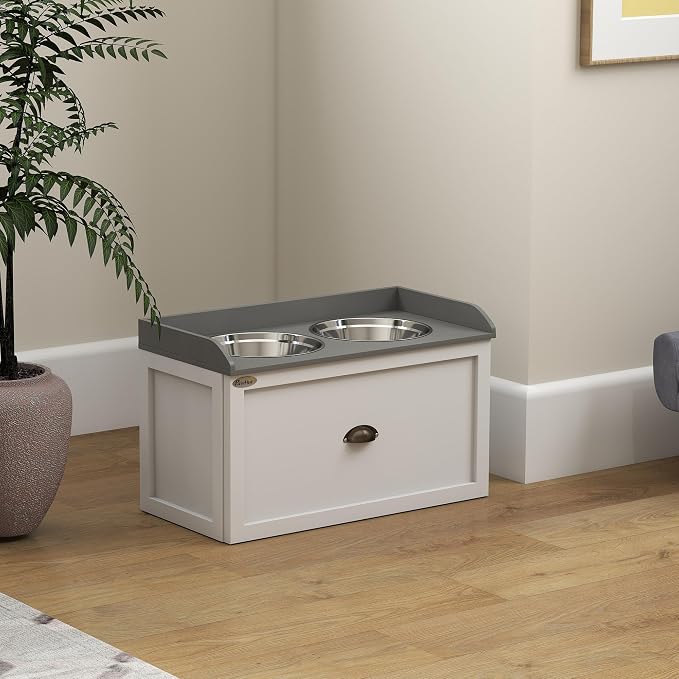 PawHut Dog Feeding Station with Drawer Dog Food Storage Cabinet White | 2 Removable Elevated Pet Bowls, for Large Sized Breeds