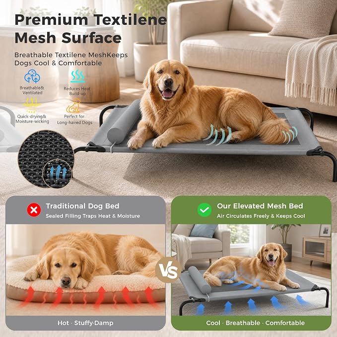 Outdoor Dogs Bed Elevated Dog Bed Large Cooling Raised Pet Cot Grey | Portable Raised Camping Dog Cot , Adjustable Headrest , Breathable Teslin Mesh,Indoor Pet Bed,42"x23.6"x6.3",Washable