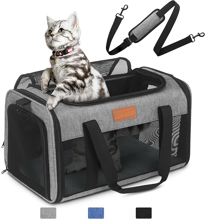 PETUX Airline Approved Pet Carrier for Small Cats up to 12 lb, 17x11x9.5 in | Underseat, Top & Side Entry, TSA‑Friendly, Soft Sided Cat Carrier with Breathable Anti-Scratch Mesh for Travel & Vet, Grey