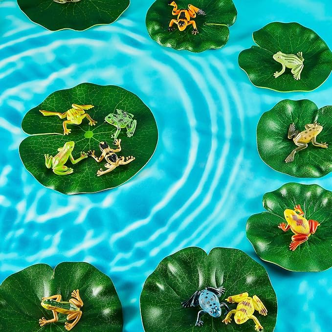 Hungdao 48 Pieces Mini Plastic Frog Toys ＆ Artificial Lily Pads, Include Colorful Realistic Frogs Rainforest Animals Pond Toys ＆ Floating Foam Leaves for Kids Sensory Bin Water Table Pool Cake Decor