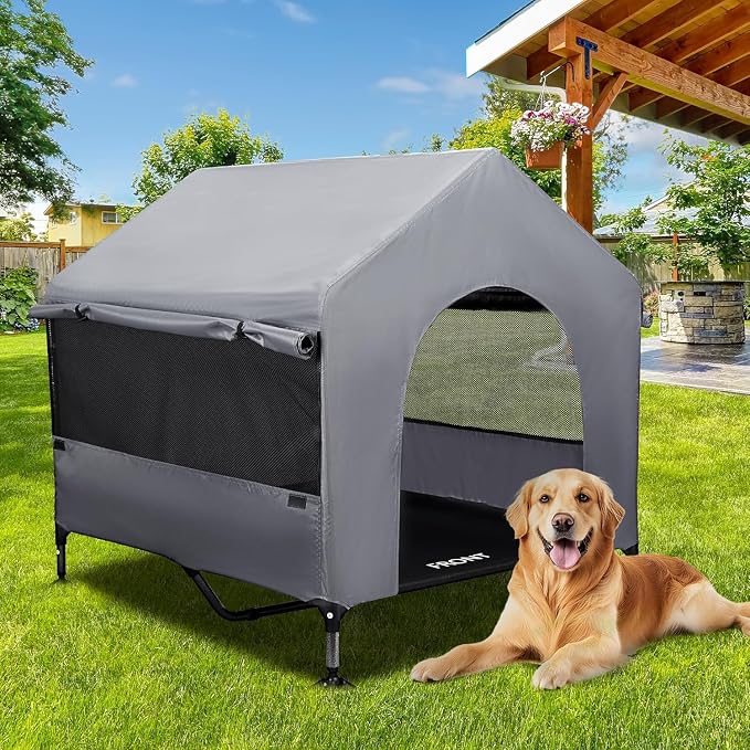 Summertrail 42" Large Dog House Outdoor Indoor Elevated Dog Cot Tent Shade | Dog Shelter with Breathable Mesh Windows, Non-Slip Feet, Easy Install, Waterproof Canopy Dog Kennel for Outside, Easy Clean