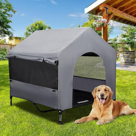 Summertrail 42" Large Dog House Outdoor Indoor Elevated Dog Cot Tent Shade | Dog Shelter with Breathable Mesh Windows, Non-Slip Feet, Easy Install, Waterproof Canopy Dog Kennel for Outside, Easy Clean