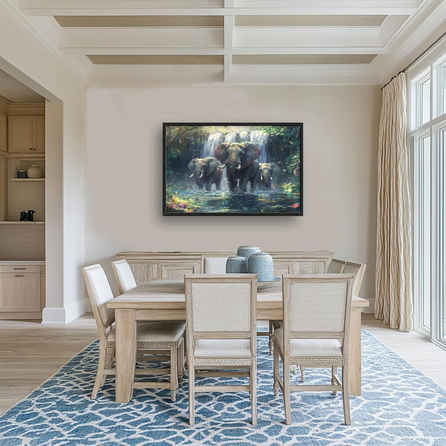 Large Elephant Wall Art for Living Room, Framed Oversized Forest Waterfall Wall Decor, Nature Landscape Canvas Painting Wildlife Artwork for Living Room Dining Room Bathroom Bedroom Office 36"x24"