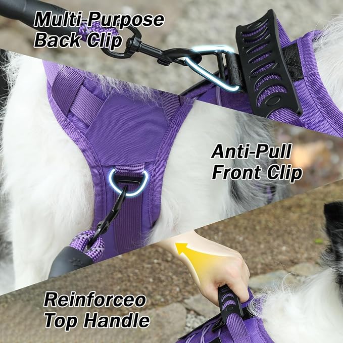 No Pull Tactical Dog Harness for Large Dogs, Service Dog Vest, XL, Purple | Tactical Dog Vest Harness and Leash Set, Adjustable Military Service Dog Harness with Handle for Medium Large Dogs