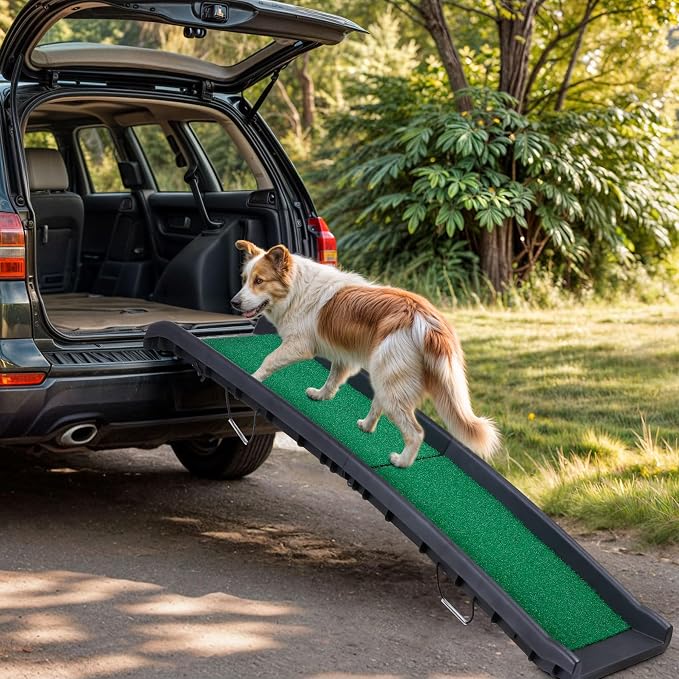 Folding Dog Ramp for Car Truck SUV 61 Inches Portable Pet Ramp with Grass Padded for Large Dogs Non Slip with Raised Siderails (Grass Surface)