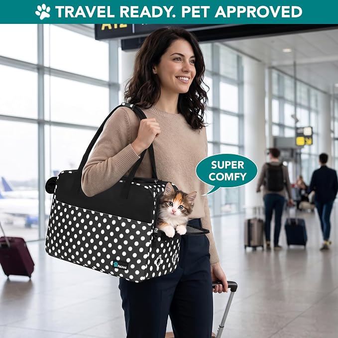 PetAmi Dog Purse Carrier for Small Dogs Cats, TSA Airline Approved Soft-Sided Pet Carrier with Pockets, Ventilated Travel Tote Bag with Bed & Shoulder Strap, Puppy Kitten, Max 12 lbs, Polka Dot Black