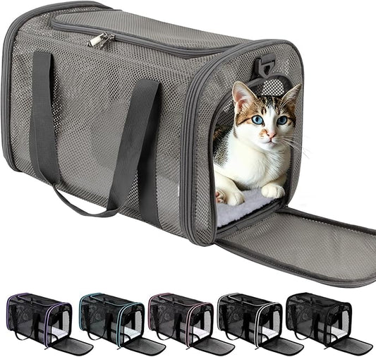Cat Carrier, Soft-Sided Pet Carrier Bag, Breathable Mesh, Black (Grey, 17 * 11 * 11)