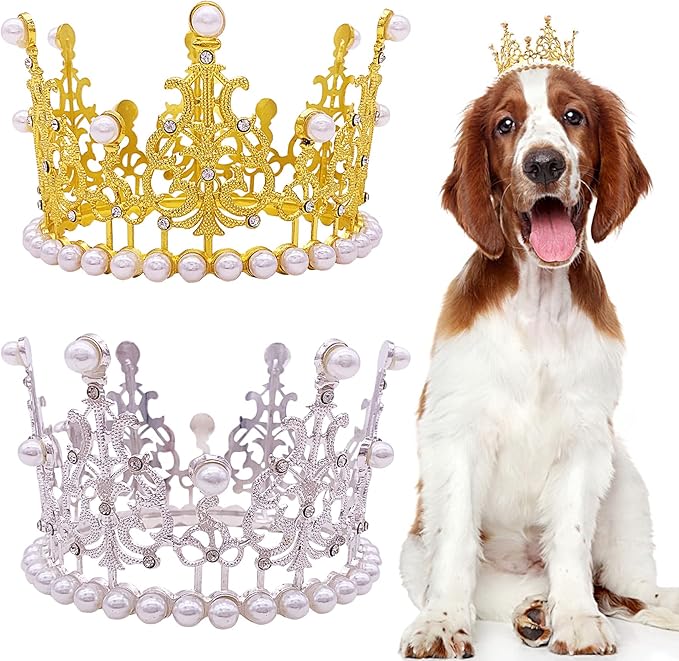 PET SHOW 2pcs Large Dog Crown Headband Sheep Big Pet Hat for Birthday Party Silver Gold Rhinestone Faux Pearl Crown for Pets Wedding Hair Accessories Photo Prop Costume