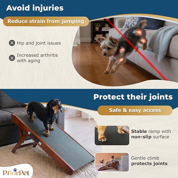 Dog Ramp for Couch – Non-Slip, Sturdy Build Foldable Wooden Dog Ramp – Supports up to 200 lbs – 7 Adjustable Heights (14"–20.5") – Enhanced Stability – Birchwood Pet Ramp for Small Dogs – Walnut