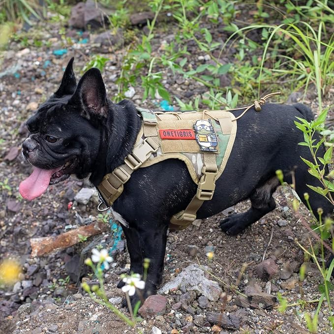 OneTigris Tactical Dog Harness with Handle No-Pull Adjustable for Small Dog | Military 1000D Pullable Nylon, Service Dog Vest with Hook & Loop Panels, Easy On & Off for Walking Hiking Training Camo S