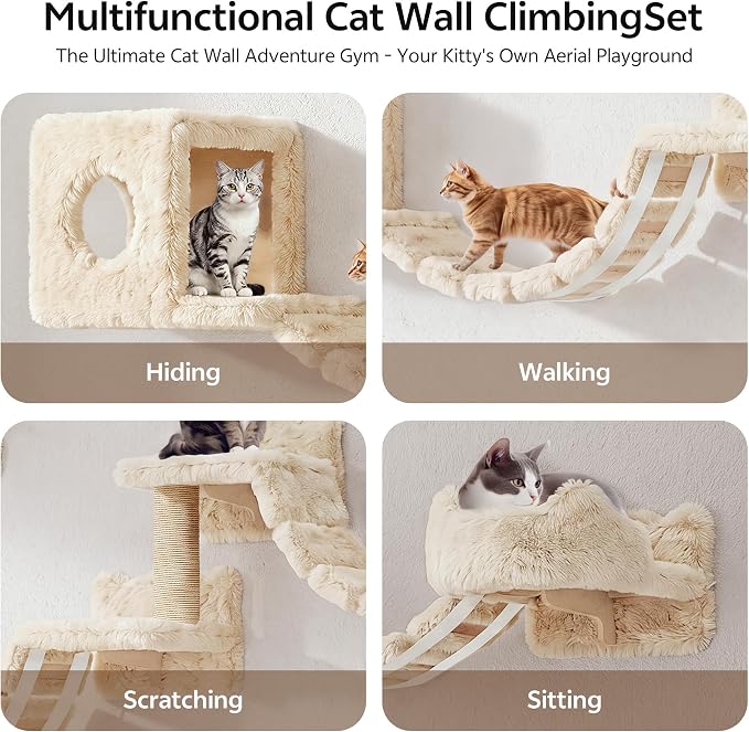 9-in-1 Cat Wall Shelves, Cat Wall Furniture Set with Bridge, Beige | Wall Mounted Cats Shelf for Space-Saving, Multi-Level Cat Climbing Systems for 16 Inch Drywall, with Scratching Posts, Condos