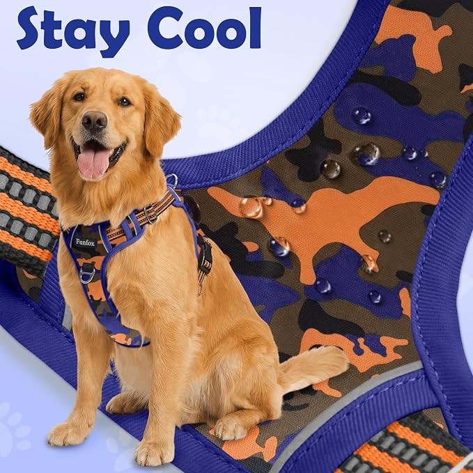 Dog Harness No Pull, Adjustable Pet Vest Harness, Super Soft Material with Vertical Handle Easy Control, Reflective Night Walking, 2 Leash Clips for Small Sized Dogs, Camo Orange, S