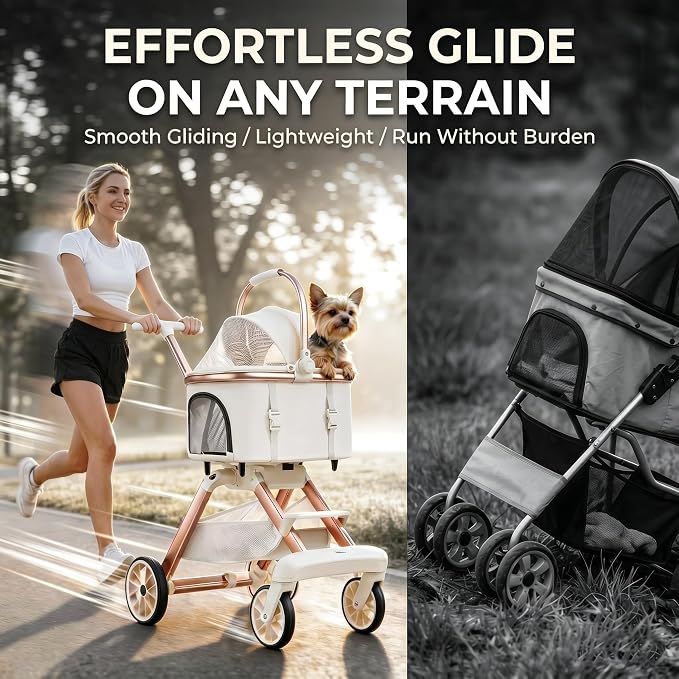 All-Terrain Pet Stroller for Small Medium Dogs & Cats, 20 lbs Capacity - Portable Carrier with One-Touch Brake, Lightweight Foldable Design & Shock Absorption Wheels,Pink