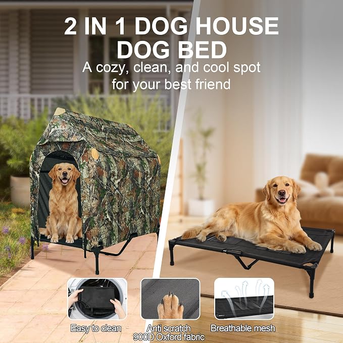 Large Dog House Outdoor - Weatherproof 2-in-1 Elevated Dog Bed Tent, Size M | 2-in-1 Elevated Dog Bed Tent, Weatherproof, Extra Large Dog House, Outdoor, Indoor