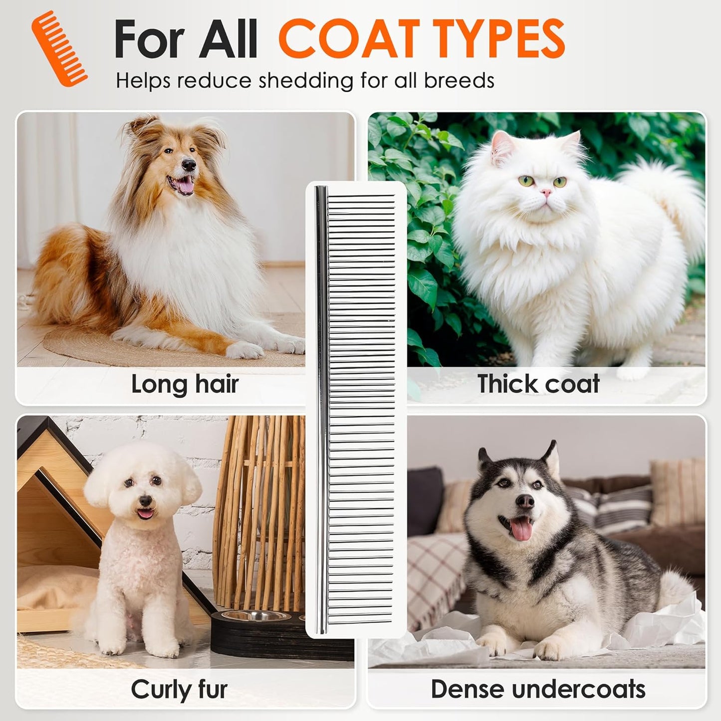 Dog Comb to Remove Tangles and Knots, Cat Comb with Stainless Steel Teeth and Non-Slip Handle, Dog combs for grooming matting for Long Haired Pets (Large)