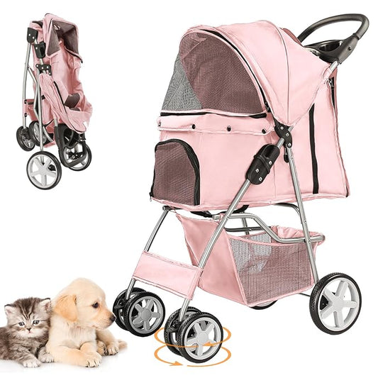 Pet Stroller for Small Dogs and CatsQuick-Folding Portable Travel Cat Dog Stroller with Storage Basket and Cup Holder, 4 Wheels, Light Pink