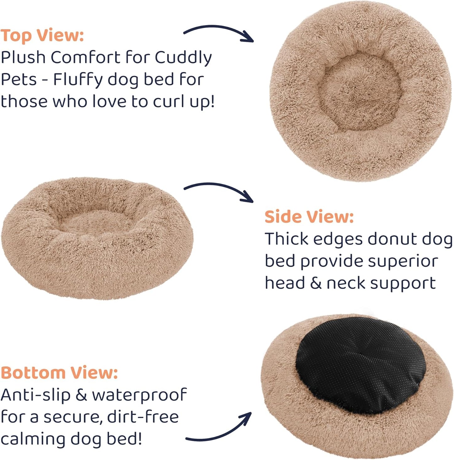 Donut Dog Bed - Premium Comfort for Anxiety Relief - Fluffy & Calming Design with Ultra-Plush Support | Cozy Round Dog Bed with Super Soft Circle Style (Size XL Camel)