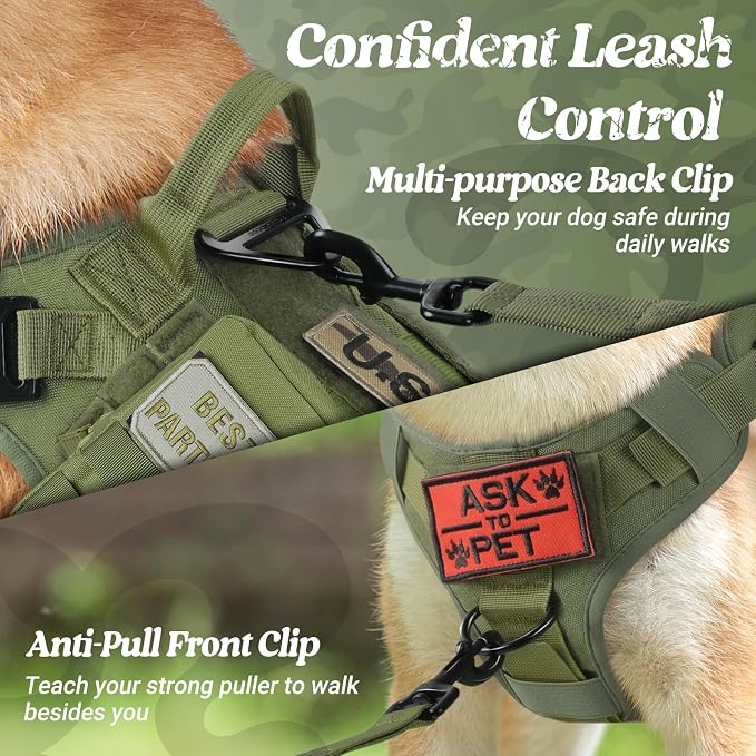 rabbitgoo Tactical Dog Harness for Large, Heavy Duty Military No Pull Vest | Sturdy Metal Buckles, 5 Adjustments, Molle System, Powerful Pullers for Training, Hunting, Outdoor, Green, Large