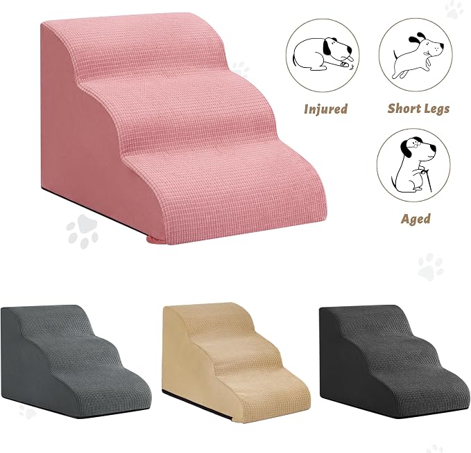 Dog Stairs for Small Dogs, 3-Step Pink Pet Ramp for Couch, Cats & Puppies | Aodisman Elegant Pink Pet Stairs Designed for Small Dogs and Cats, Providing Easy Access with Comfort and Style, 15.7" H