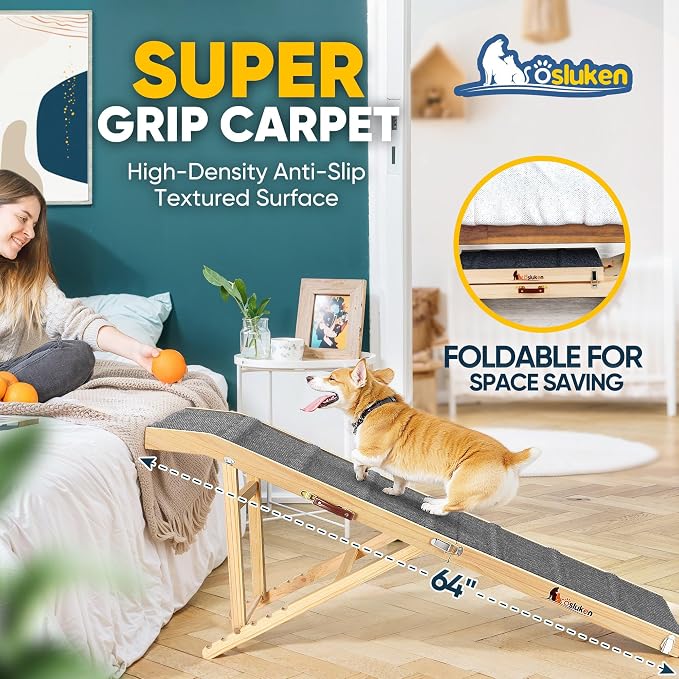 2026 Upgraded Dog Ramp for Bed, 64" Long Foldable Pet Ramp for Small Large Dogs, Dog Ramps for High Beds Car, High Traction with Platform 6 Adjustable Heights 24" to 30" Up to 220LBS, Gray