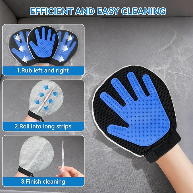 Pet Hair Removal Glove for Dogs & Cats, 2-in-1 Dual-Sided Electrostatic Pet Hair Remover with Silicone Grooming Brush, Reusable for Furniture, Clothes, Couch, Carpet & Car Seat
