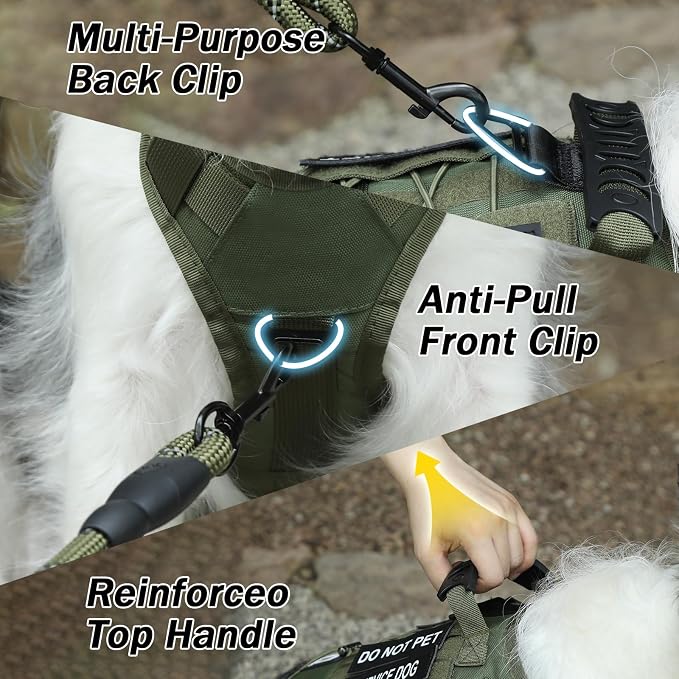No Pull Tactical Dog Harness for Large Dogs, Service Dog Vest, L, Green | Tactical Dog Vest Harness and Leash Set, Adjustable Military Service Dog Harness with Handle for Medium Large Dogs