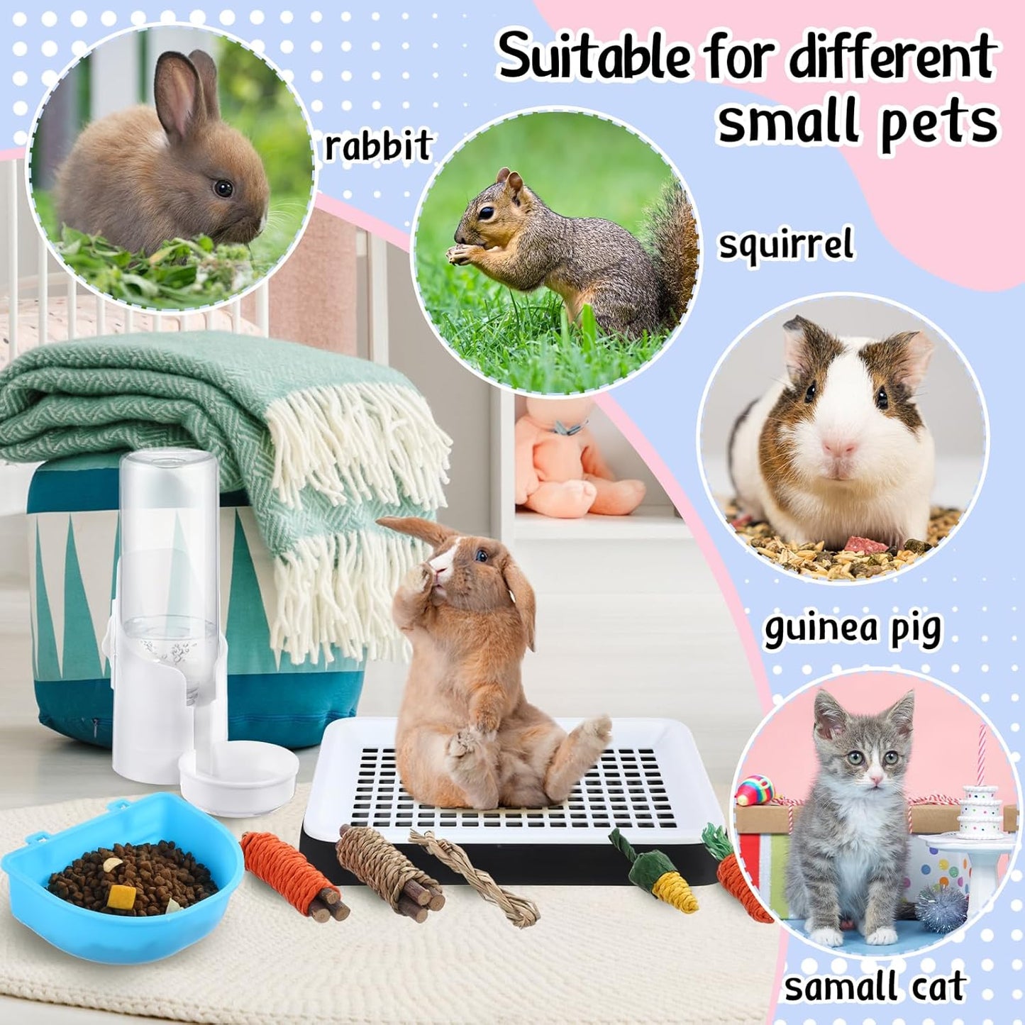 19 Pcs Rabbit Starter Kit Small Bunny Litter Box Rabbit Grooming Kit Water Bottle Bunny Toys Hay Feeder Bowl Blankets with Cleaning Set for Guinea Pig Accessories(Black,Cloud)