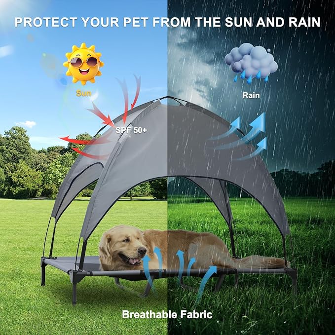 Elevated Dog Bed with Canopy, 48-inch Waterproof Pet Cot, Portable Outdoor Pet Bed with Carry Bag, Indoor/Outdoor Cooling Canopy Dog Tent for Large Dogs (Gray)