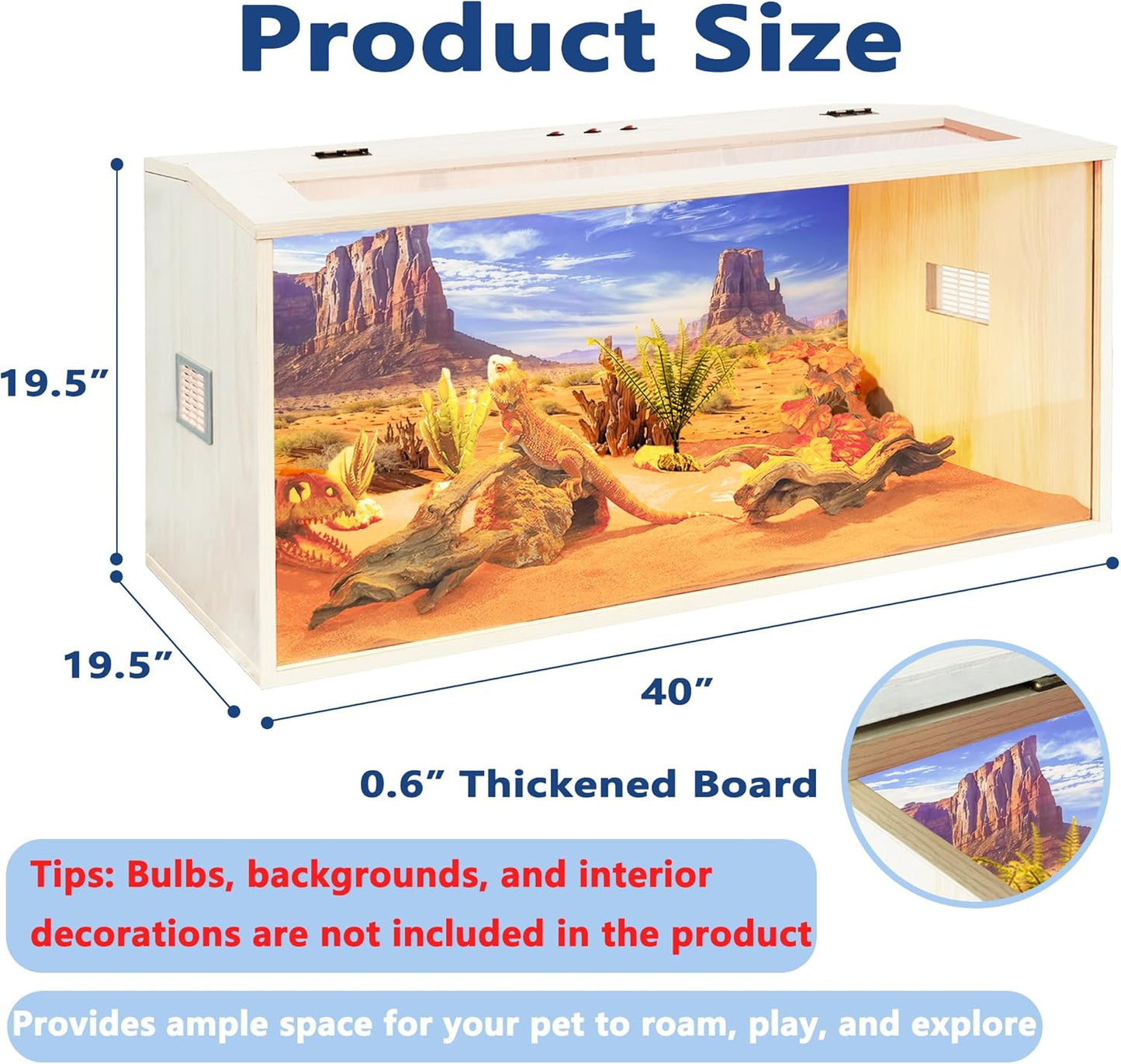 Prolee 63 Gallon Bearded Dragon Tank,Wooden Reptile Tank and Lizard Tank, Large Bearded Dragon Enclosure with Built-in Lamp Fixture, Snake Tank (40" L X 19.5" W X19.5 H)